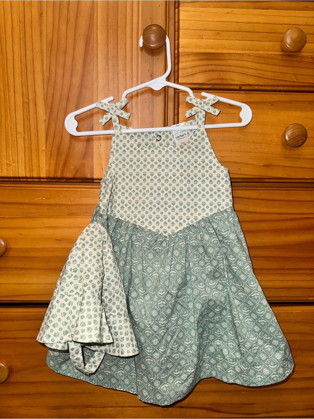 Carter's Girls' Green and Cream Patterned Tie-Shoulder Dress